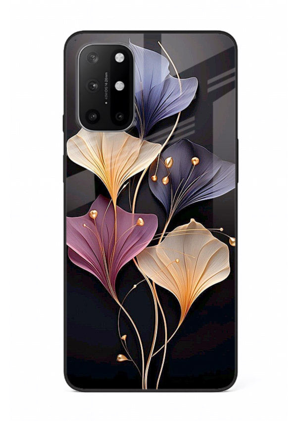 Golden floral artwork on OnePlus 8T glass back cover with metallic botanical detailing.