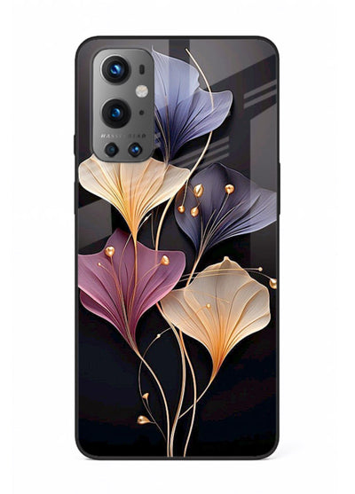 Golden floral artwork on OnePlus 9 glass back cover with metallic botanical detailing.