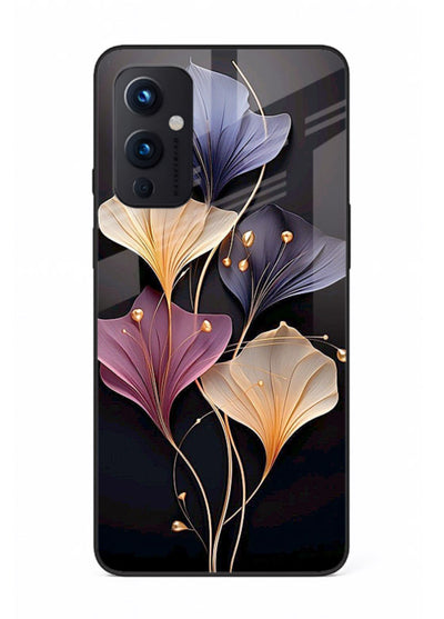 Golden floral artwork on OnePlus 9 Pro glass back cover with metallic botanical detailing.