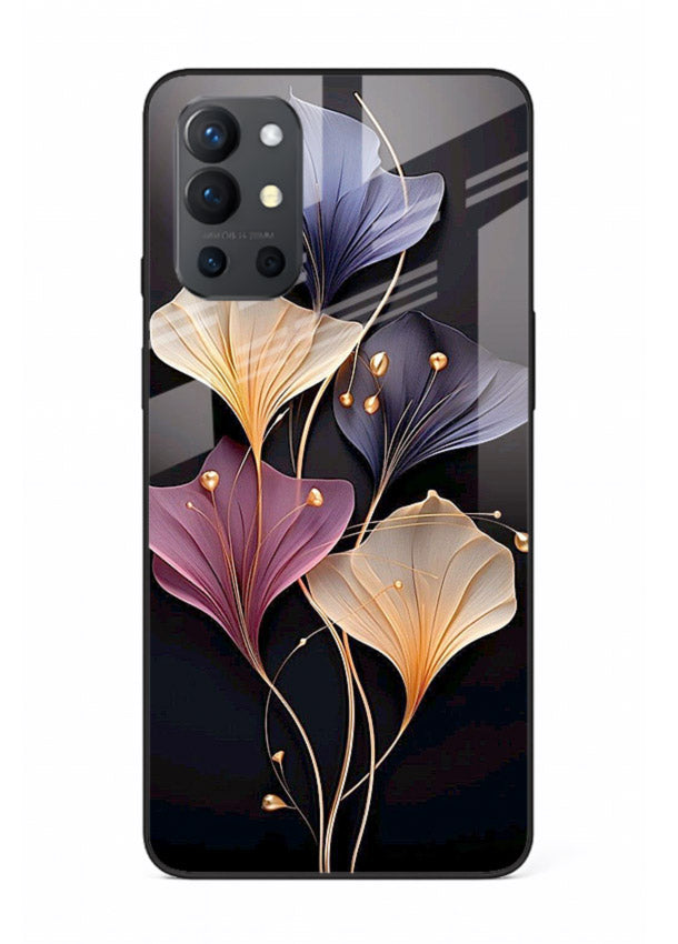 Golden floral artwork on OnePlus 9R glass back cover with metallic botanical detailing.