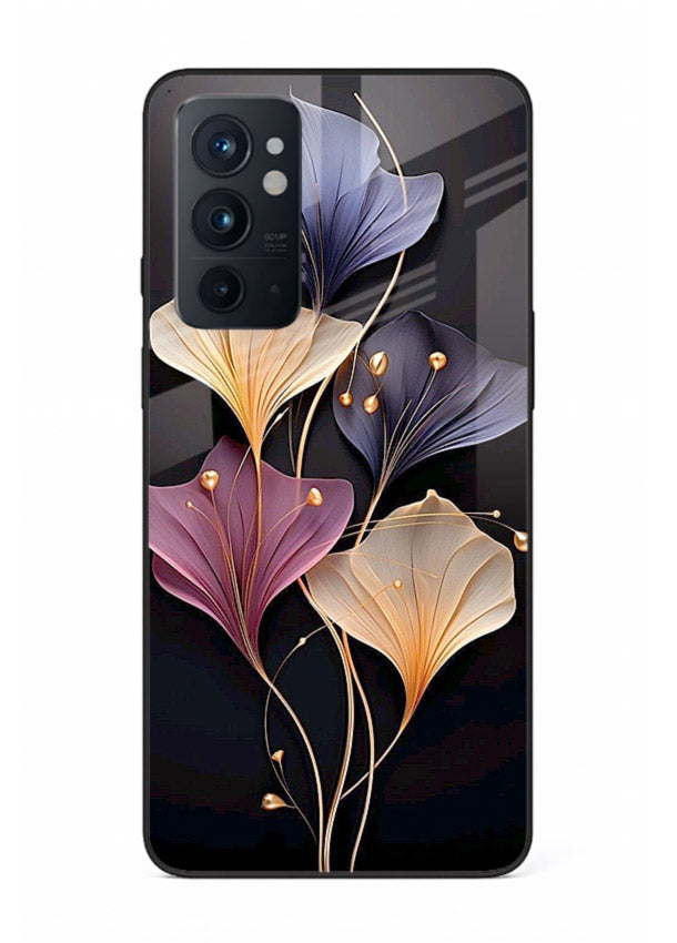Golden floral artwork on OnePlus 9RT glass back cover with metallic botanical detailing.