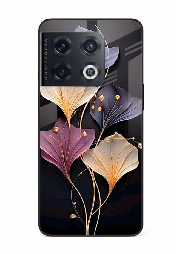 Golden floral artwork on OnePlus 10 Pro glass back cover with metallic botanical detailing.