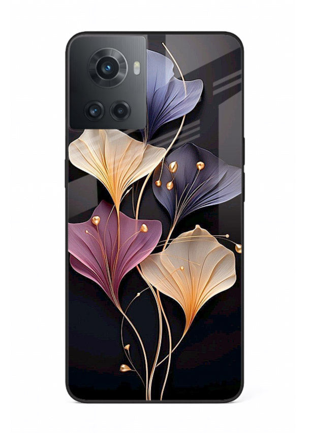 Golden floral artwork on OnePlus 10R glass back cover with metallic botanical detailing.