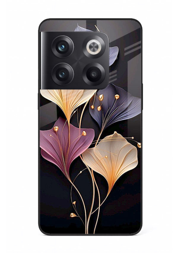 Golden floral artwork on OnePlus 10T glass back cover with metallic botanical detailing.