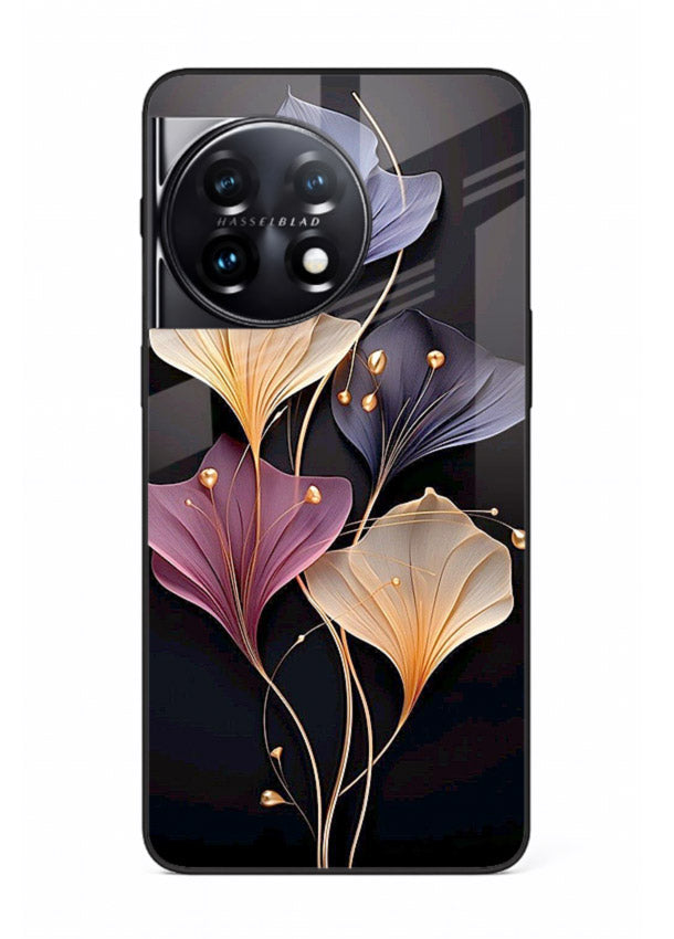 Golden floral artwork on OnePlus 11 glass back cover with metallic botanical detailing.