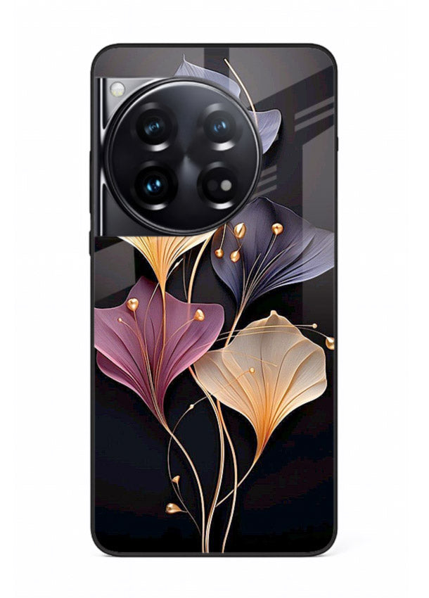 Golden floral artwork on OnePlus 12 glass back cover with metallic botanical detailing.