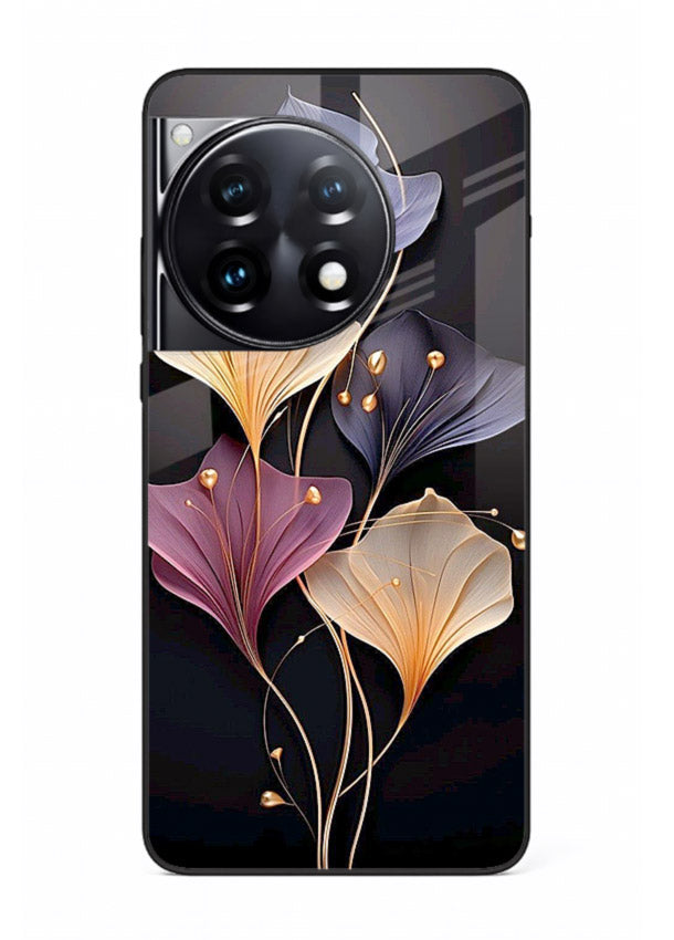 Golden floral artwork on OnePlus 12R glass back cover with metallic botanical detailing.