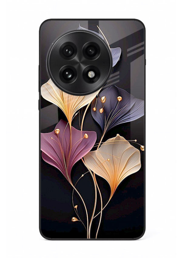 Golden floral artwork on OnePlus 13 glass back cover with metallic botanical detailing.