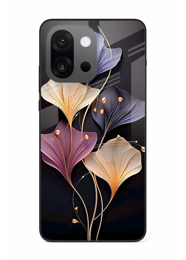 Golden floral artwork on OnePlus 13s glass back cover with metallic botanical detailing.