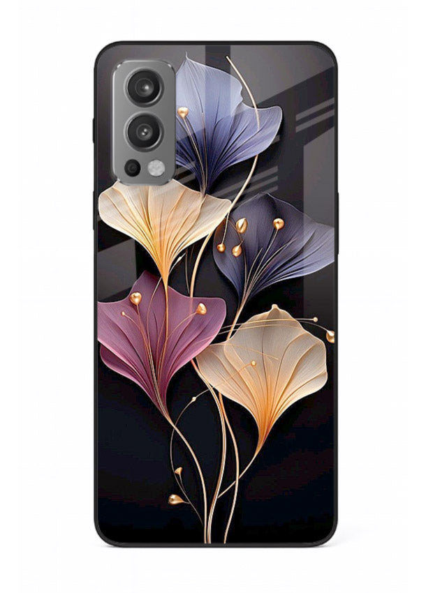 Golden floral artwork on OnePlus Nord 2 glass back cover with metallic botanical detailing.