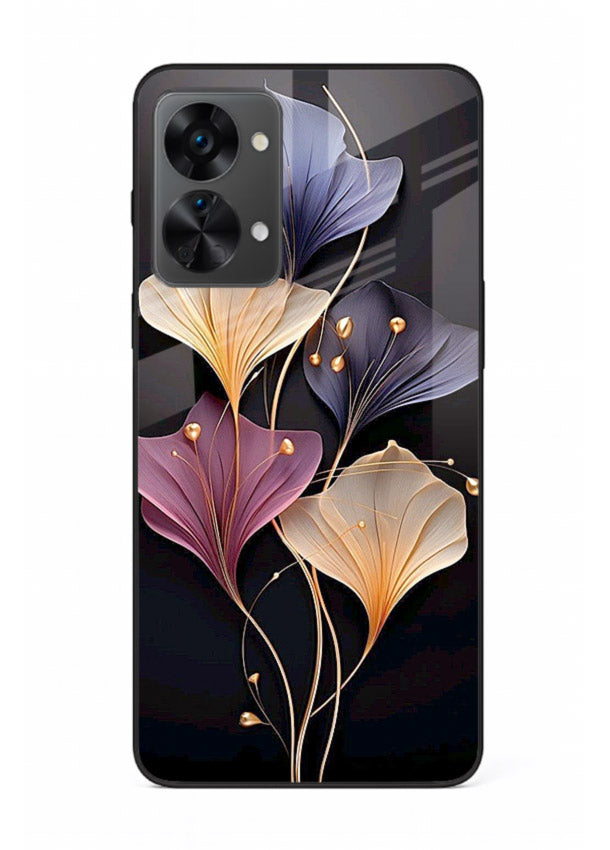 Golden floral artwork on OnePlus Nord 2T glass back cover with metallic botanical detailing.