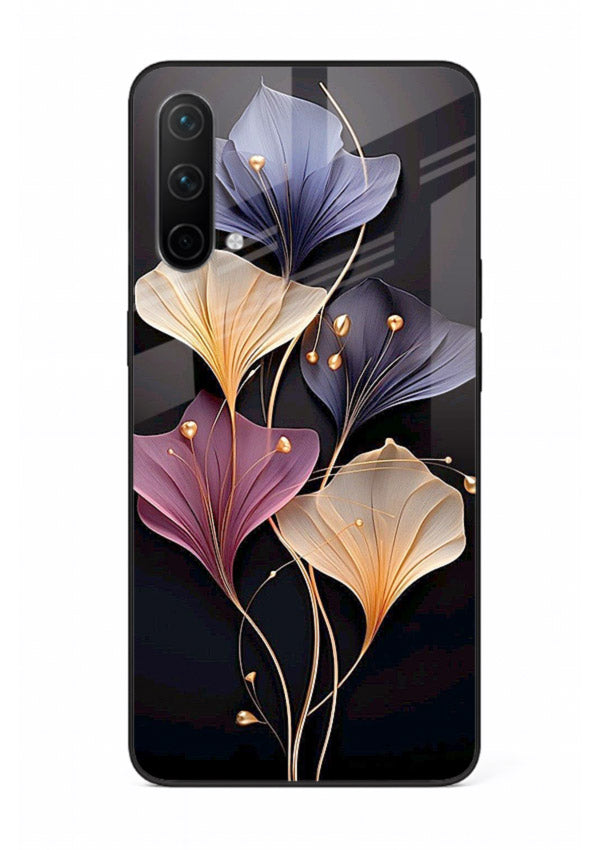 Golden floral artwork on OnePlus Nord CE 5G glass back cover with metallic botanical detailing.