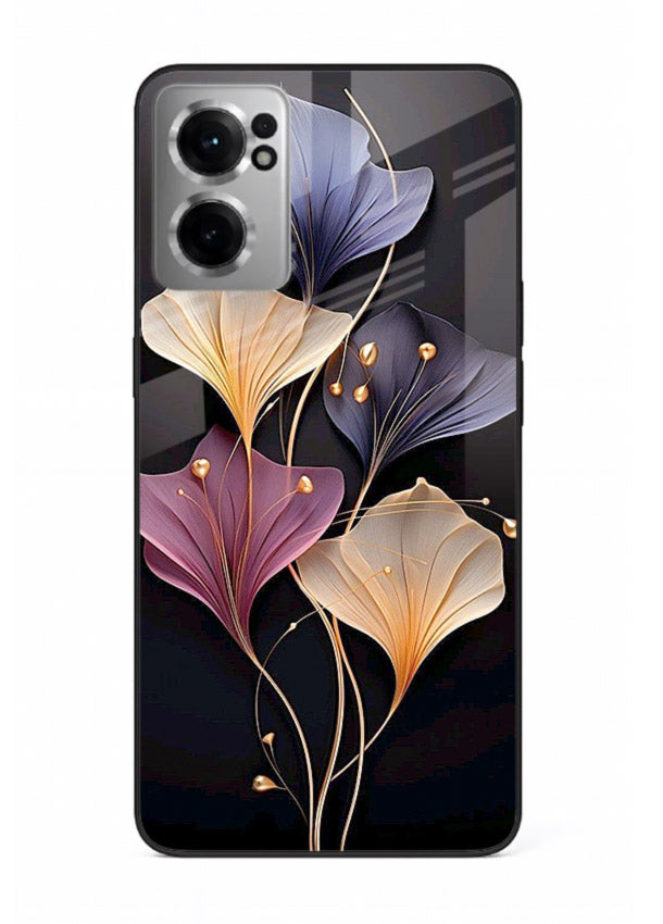 Golden floral artwork on OnePlus Nord CE2 5G glass back cover with metallic botanical detailing.