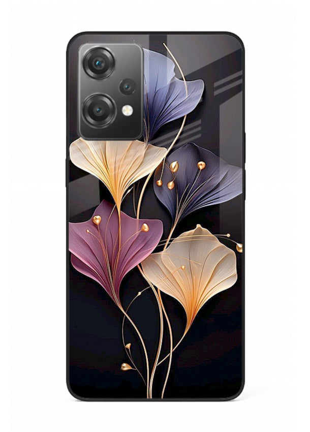 Golden floral artwork on OnePlus Nord CE2 Lite 5G glass back cover with metallic botanical detailing.