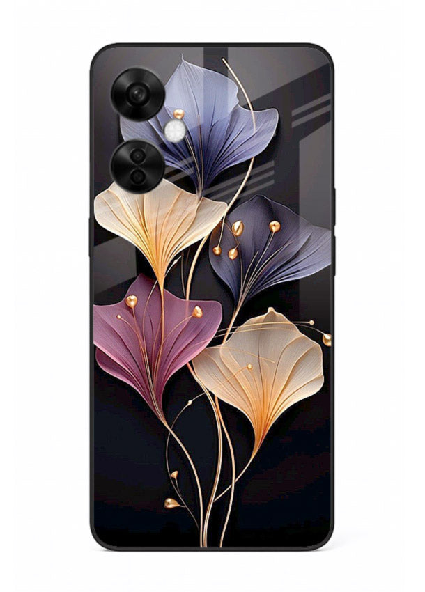 Golden floral artwork on OnePlus Nord CE3 Lite glass back cover with metallic botanical detailing.