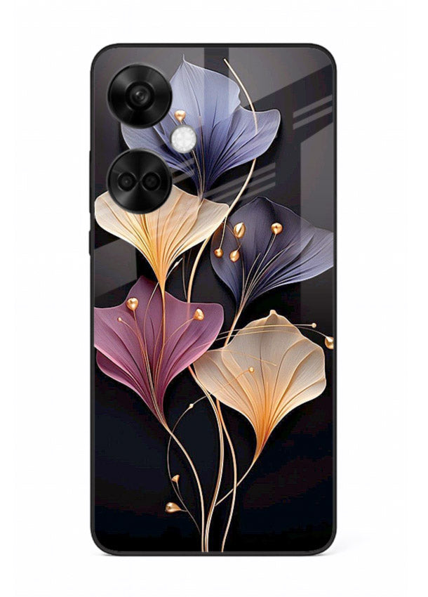 Golden floral artwork on OnePlus Nord CE3 glass back cover with metallic botanical detailing.