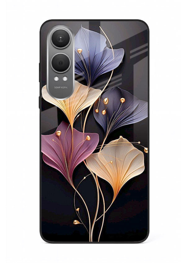 Golden floral artwork on OnePlus Nord CE4 Lite glass back cover with metallic botanical detailing.
