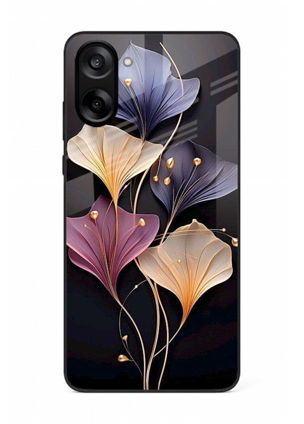 Golden floral artwork on OnePlus Nord CE5 glass back cover with metallic botanical detailing.