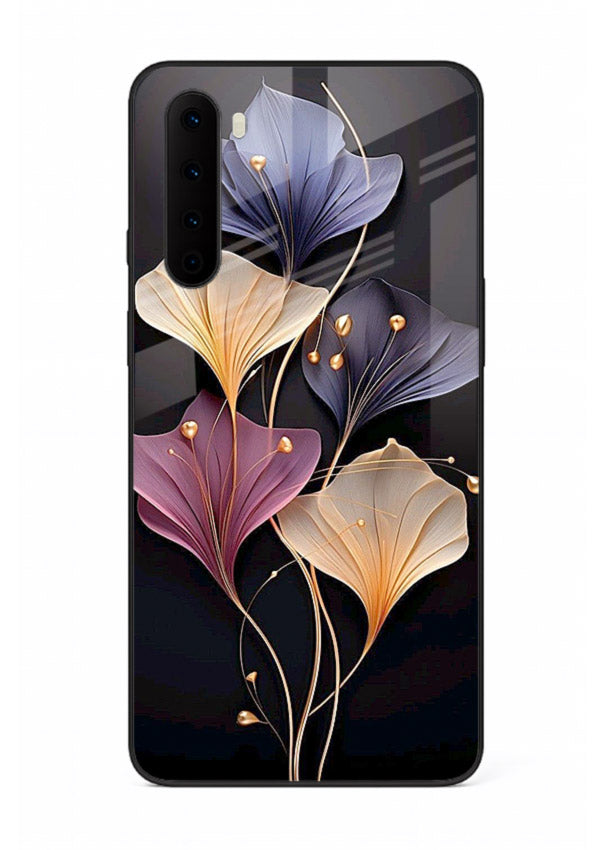 Golden floral artwork on OnePlus Nord glass back cover with metallic botanical detailing.