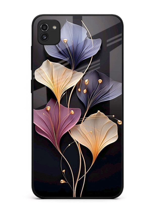 Golden floral artwork on Samsung A03 glass back cover with metallic botanical detailing.