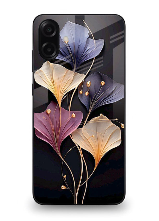 Golden floral artwork on Samsung M13 5G glass back cover with metallic botanical detailing.