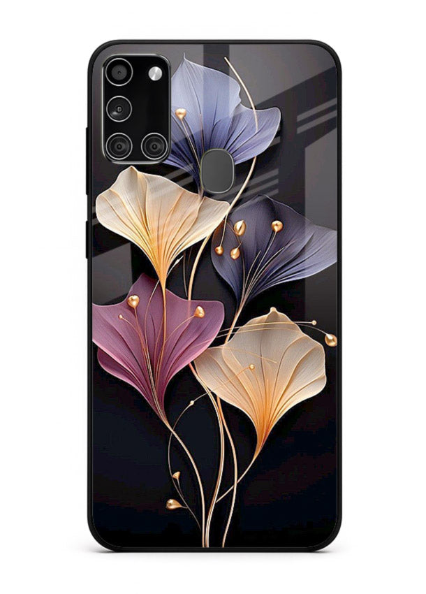 Golden floral artwork on Samsung A21s glass back cover with metallic botanical detailing.