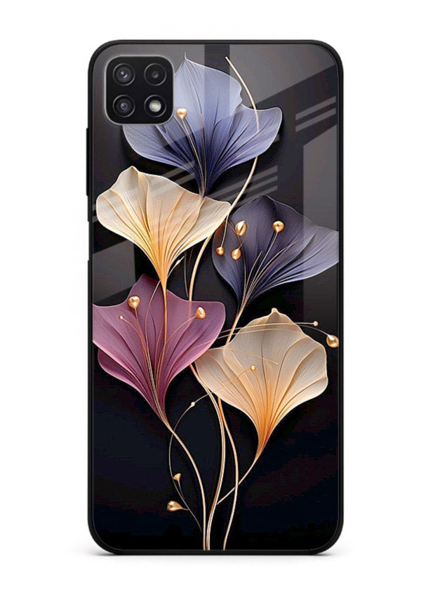 Golden floral artwork on Samsung F42 5G glass back cover with metallic botanical detailing.