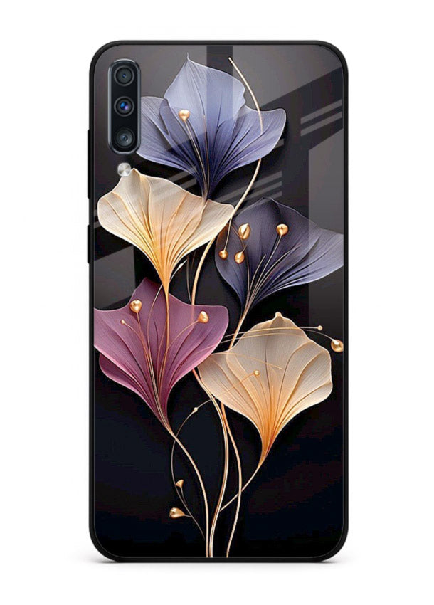 Golden floral artwork on Samsung A70 glass back cover with metallic botanical detailing.