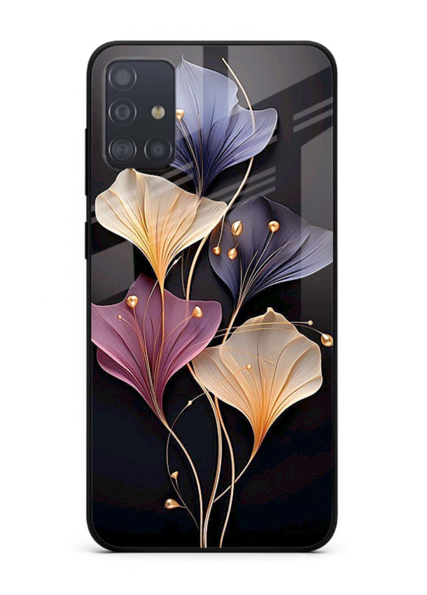 Golden floral artwork on Samsung A71 glass back cover with metallic botanical detailing.