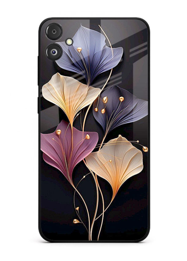 Golden floral artwork on Samsung F04 5G glass back cover with metallic botanical detailing.