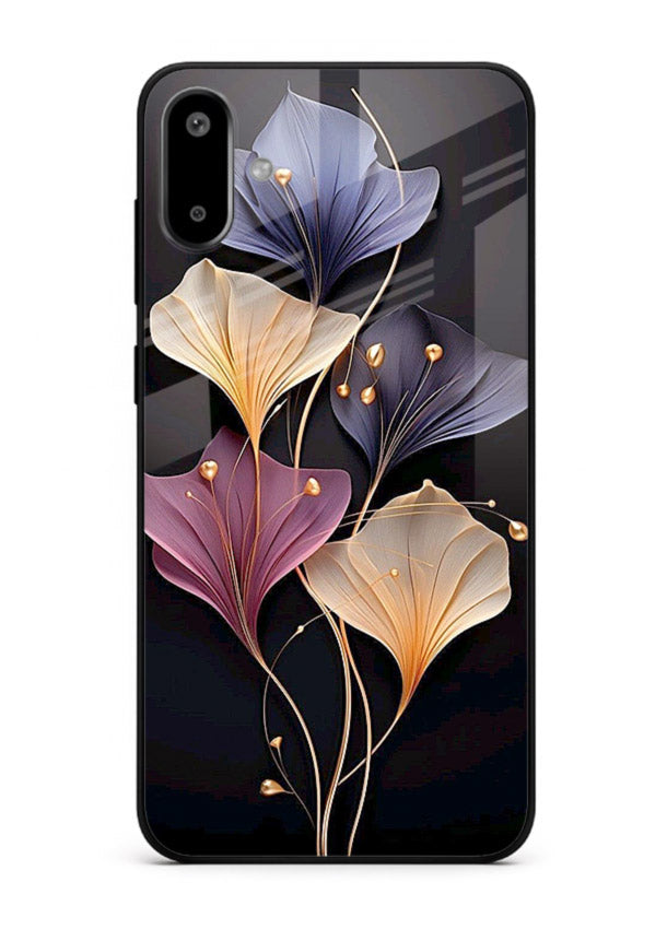 Golden floral artwork on Samsung F06 5G glass back cover with metallic botanical detailing.