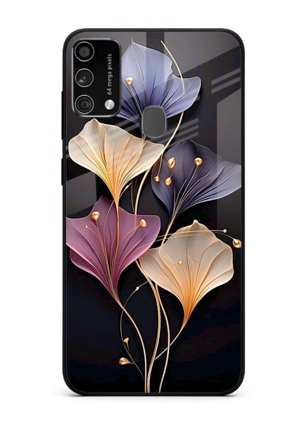 Golden floral artwork on Samsung F41 glass back cover with metallic botanical detailing.