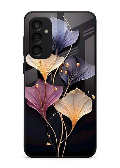 Golden floral artwork on Samsung A14 5G glass back cover with metallic botanical detailing.