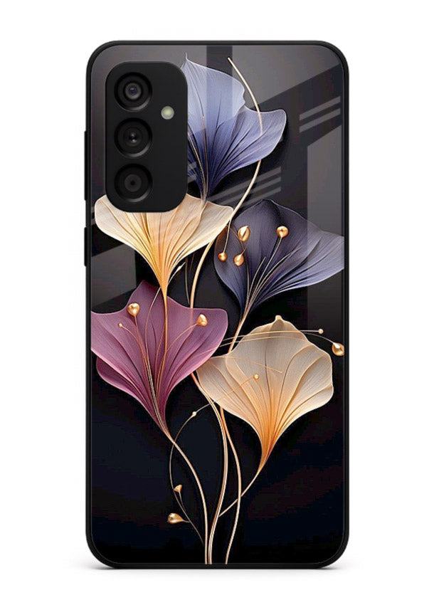 Golden floral artwork on Samsung A15 5G glass back cover with metallic botanical detailing.