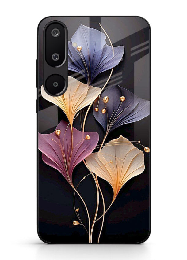 Golden floral artwork on Samsung F16 5G glass back cover with metallic botanical detailing.
