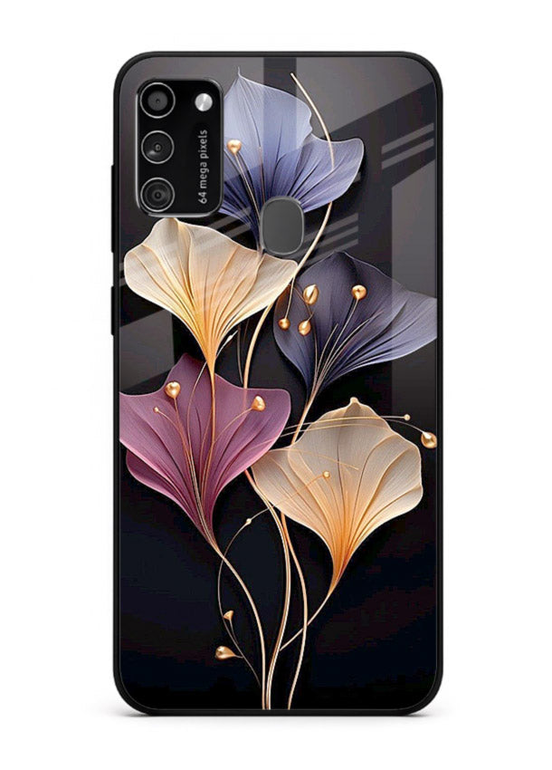 Golden floral artwork on Samsung M30s glass back cover with metallic botanical detailing.