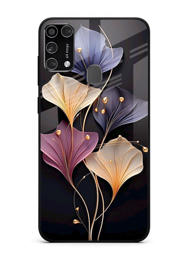 Golden floral artwork on Samsung M31 Prime glass back cover with metallic botanical detailing.