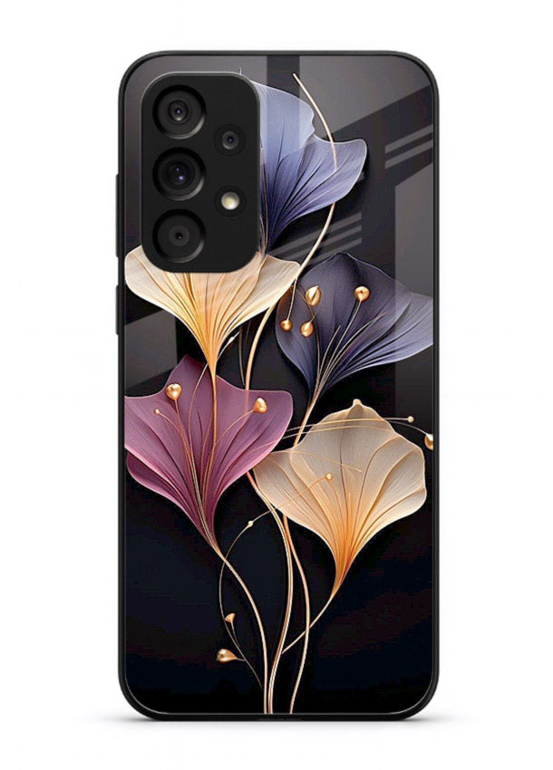 Golden floral artwork on Samsung A33 5G glass back cover with metallic botanical detailing.