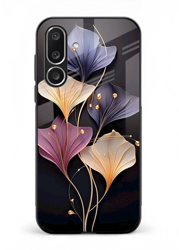 Golden floral artwork on Samsung M36 5G glass back cover with metallic botanical detailing.