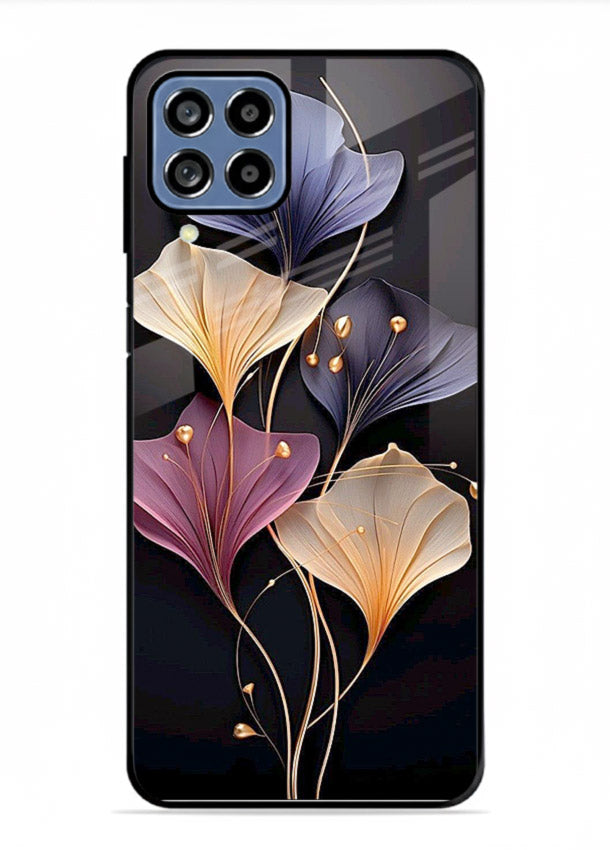 Golden floral artwork on Samsung F12 5G glass back cover with metallic botanical detailing.