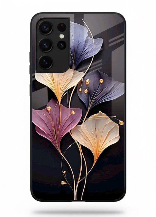 Golden floral artwork on Samsung S21 Ultra glass back cover with metallic botanical detailing.