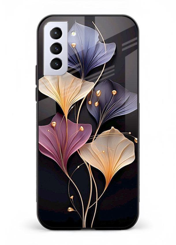 Golden floral artwork on Samsung S21 Plus glass back cover with metallic botanical detailing.