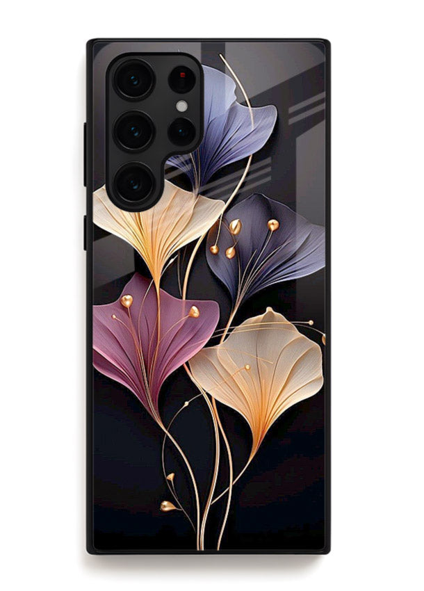 Golden floral artwork on Samsung S24 Ultra glass back cover with metallic botanical detailing.