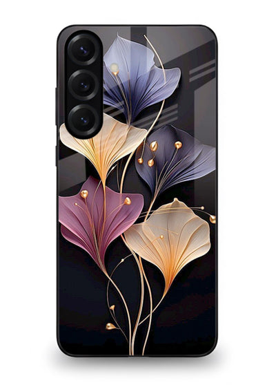Golden floral artwork on Samsung A35 5G glass back cover with metallic botanical detailing.