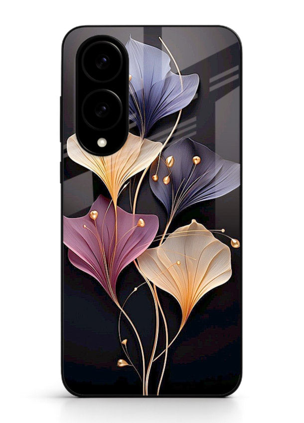 Golden floral artwork on Samsung S25 Edge glass back cover with metallic botanical detailing.