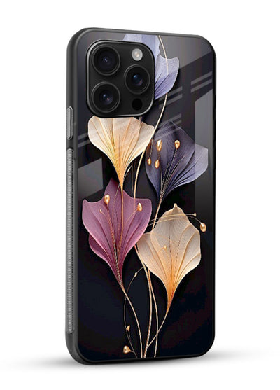 Golden floral artwork on glossy vibrant premium glass back cover with metallic botanical detailing. - Angle Side