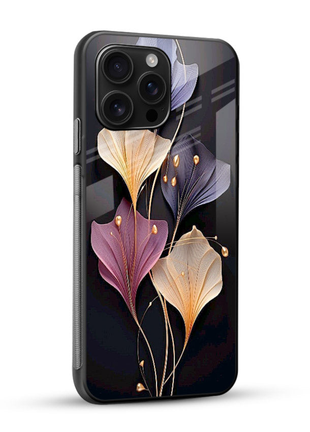 Golden floral artwork on glossy vibrant premium glass back cover with metallic botanical detailing. - Angle Side