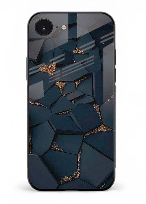Midnight Gold Veins iphone 16e glass back cover with dark marble and gold fracture lines