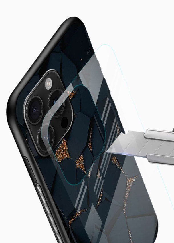 Midnight Gold Veins glossy vibrant premium glass back cover with dark marble and gold fracture lines - Angle Blade
