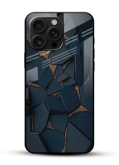 Midnight Gold Veins glossy vibrant premium glass back cover with dark marble and gold fracture lines - Angle Front